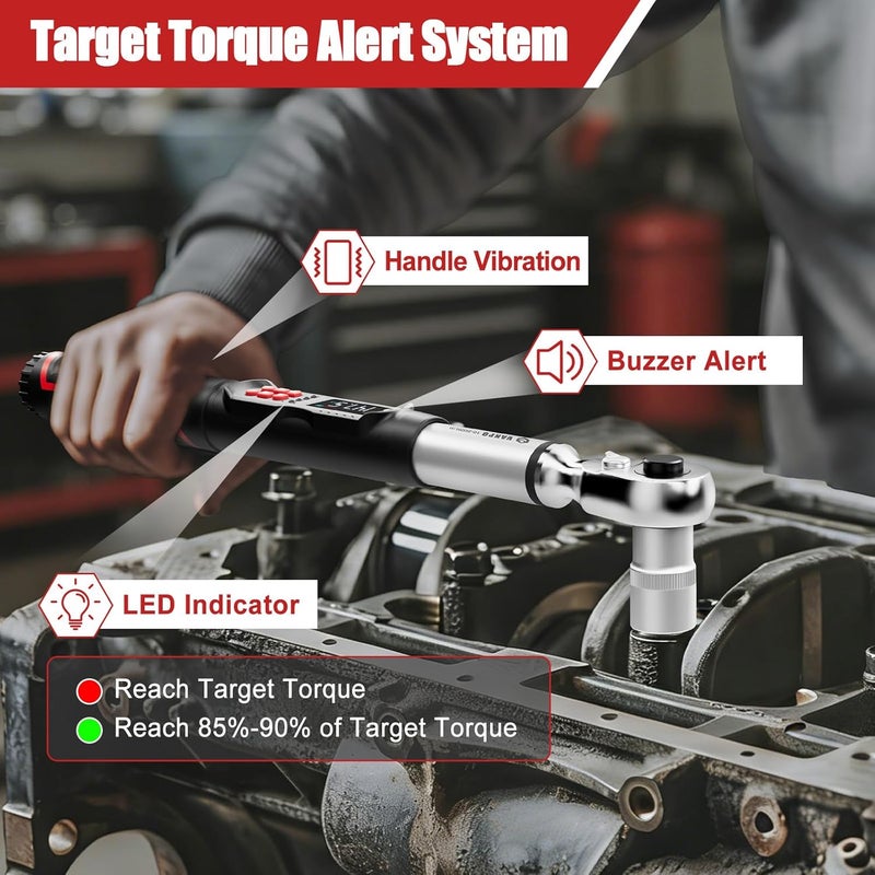 VANPO 1/2-Inch Digital Torque Wrench, 7.38–147.5 ft-lb/10–200 Nm, ±2% Accuracy, Electronic Torque Wrench with LCD Display, Audible & Vibration Alert, Easy Battery Access, for Automotive Maintenance - Image 3